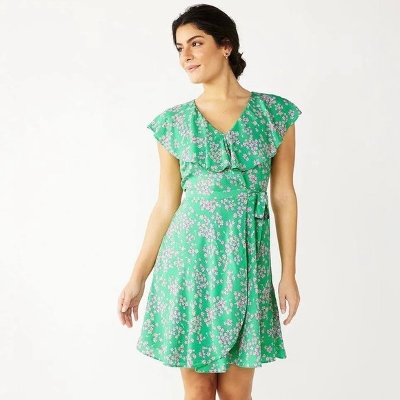 Draper James RSVP Flutter Wrap Women's Dress Lg Green Ruffle Floral Rayon Belted - Picture 1 of 6